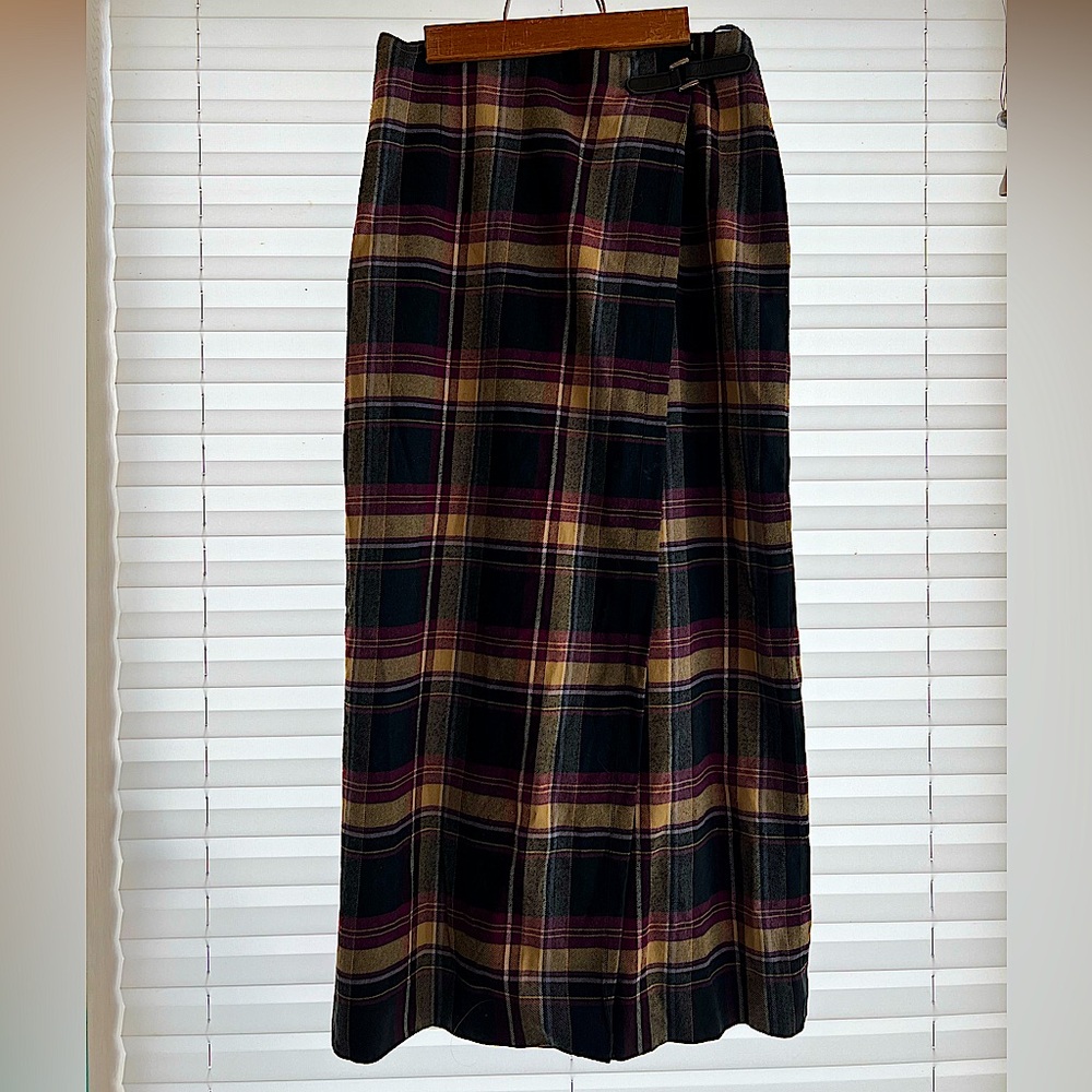 Charter Club long, plaid skirt with Velcro side buckle